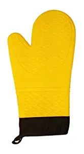Cool Touch Non-Slip Silicone Oven Mitt | Yellow, Made with Waterproof, Heat Resistant Silicone, Quilted Cotton Lining, Extra Long – 12.5”, One Glove