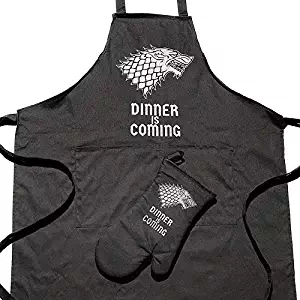 Premium Quality Dinner is Coming Game of Thrones Merchandise, Apron for Cooking, Baking, Grilling, Gardening, Cleaning, Sewing, Crafting, Woodworking or BBQ with Bonus Oven Mitt