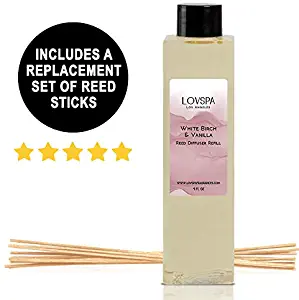 LOVSPA White Birch & Vanilla Reed Diffuser Oil Refill with Replacement Reed Sticks | Scent for Kitchen or Bathroom, 4 oz | Made in The USA