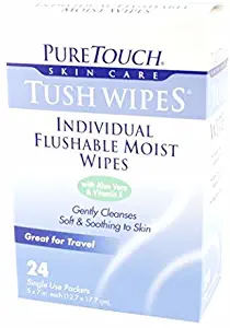 Pure Touch Tush Wipes for Adults 24 Individual Flushable Moist Wipes / 6 boxes 144 Single-Use-Packets