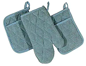 Ashley Mills 3 Piece Kitchen Set - 2 Pot Holders, Oven Mitt (Blue/Slate)