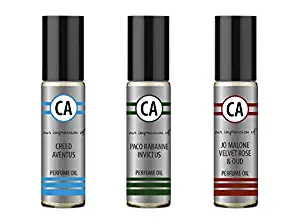 CA Perfume and Essential Oils Impression of (Creed Aventus+ Invictus + Jo Malone Rose Oud) for Men (0.3 fl oz) x 3 Travel Size Roll on Valentine's day Gift