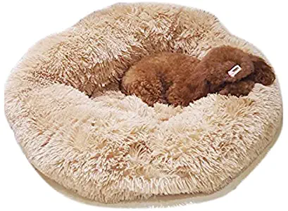 Shmei Pet Dog Bed Dog Round Cat Winter Warm Sleeping Bag Long Plush Soft Pet Bed Calming Bed S/M/L (L, Beige)