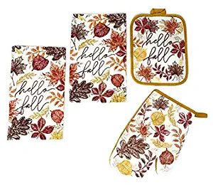 Northeast Harvest Autumn Dish Towels Potholder Oven Mitt Set, 4-Pack (Hello Fall Glittered Etched Leaves)