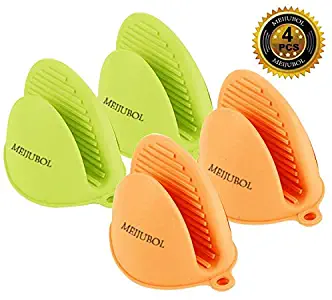 MEIJUBOL Silicone Thicken Oven Mitt Potholder Grip Heat Resistant Pinch Finger Protector Set of 2 Pairs (Green and Orange) for Kitchen Cooking Baking Protect Finger from Hot Plate Pot Dish and Bowl