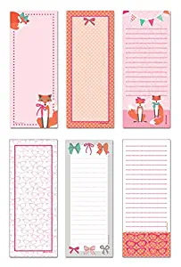 6-Pack Magnetic Notepads for Fridge - to Do List - Grocery Shopping List - School Reminders - Unique Haute Fox Design Series Set - 50 Sheets - 3.5" x 9" Pads - by Note Card Café