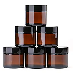 2 oz Round Glass Jars (6 Pack) - Empty Cosmetic Containers with Inner Liners, black Lids and Glass Sample Jars with lables (Amber) by THETIS Homes