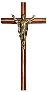 CB Risen Christ 10" Wall Crucifix -Walnut Finish Cross with Gold Plate Inlay and Antique Bronze Christ is Risen Corpus
