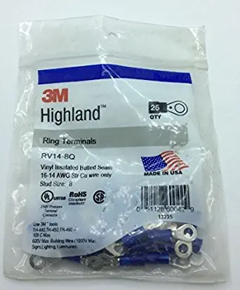 3M Highland Vinyl Insulated Ring Terminal RV14-8Q, AWG 16-14, standard-style ring tongue fits around the stud