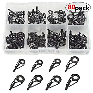 WGCD 80 PCS Fishing Rod Guides Fishing Rod Parts Tip Repair DIY Set Kit 10 Sizes in a Box (Black)