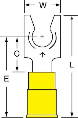 3M Scotchlok Yellow Locking Butted Vinyl Butted Fork & Spade Terminal - 1.24 in Length - 0.43 in Fork Width - 1/4 in Stud - MVU10-14FLK [PRICE is per CASE]