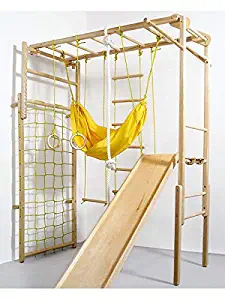 Wooden Indoor Foldable Climbing Playset | Playground for Kids | Gym Sets Up with Hammock Climbing Ladder Swing Slide and Rings (Natural Color)
