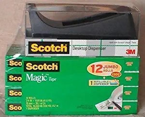 Scotch Magic Tape, ea. 3/4 x 1500 Inches, 12 Jumbo Rolls Bonus Refillable Dispenser by 3M