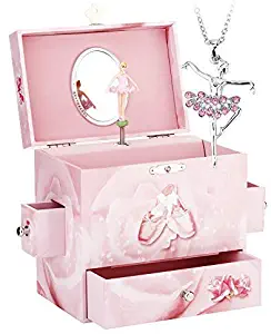 RR ROUND RICH DESIGN Kids Musical Jewelry Box for Girls with Drawer and Jewelry Set with Ballerina Theme - Swan Lake Tune Pink