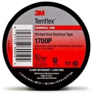 3M Temflex Mining-Grade Vinyl Electrical Tape 1700P, Printed, 1-1/2 in x 44 ft, Black, 1 roll/Carton, 90 Rolls/case