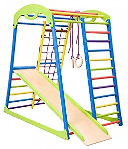 Colored Indoor Wooden Playground for Kids SportWood Indoor Gym Sets Up Climbing Ladder Swing Slide and Rings (SportWood)