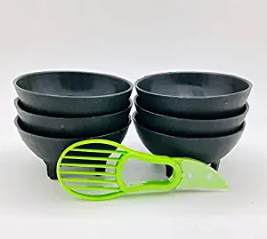 6 Pieces of Black 3-Legged Plastic Molcajete Salsa Bowls for Guacamole, Salsa, Pico de Gallo, Dips, Party Foods, Picnic Condiments, or any Occasion, Whith a 3 in 1 Avocado tool who cuts avocado in ha