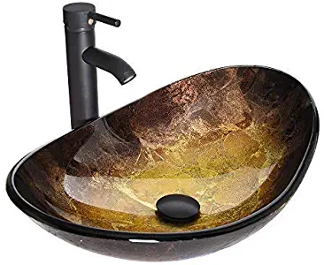 Boat Shape Bathroom Artistic Glass Vessel Sink Free Oil Rubbed Bronze Faucet Chrome Pop-up Drain,Gold ingot