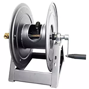General Pump DHRA50150 3/8" x 150' Charcoal Grey Steel Hose Reel with Flat Sidewalls, A-Frame, Pin Lock & Brake and Stainless Steel Swivel Inlet, 5000 PSI