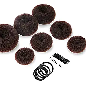 Donut Hair Bun Maker 7 Pieces, Teenitor Ring Style Bun Maker Set with Hair Bun Makers (1 extra-large, 2 large, 2 medium and 2 small), 5 pieces Hair Elastic Bands, 20 pieces Hair Pins, Dark Brown