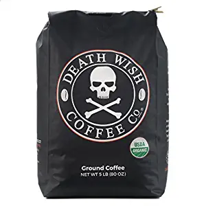 Death Wish Ground Coffee Bulk Deal, The World's Strongest Coffee , Fair Trade and USDA Certified Organic - 5 lb Bag