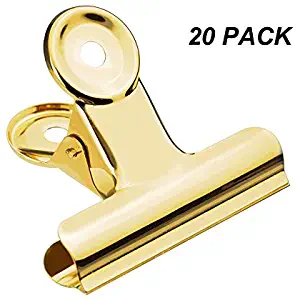 20 Pack 2 Inch Polished Steel Clips, Metal Bulldog Binder Clips, Large Hinge Paper Clips Clamps for Food Bags, Pictures Photos, Art Crafts, Home Office Supply (Gold)