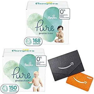 Diapers Size 3, 168 Count and Size 4, 150 Count- Pampers Pure Disposable Baby Diapers, Hypoallergenic and Unscented Protection, ONE Month Supply with $20 Gift Card