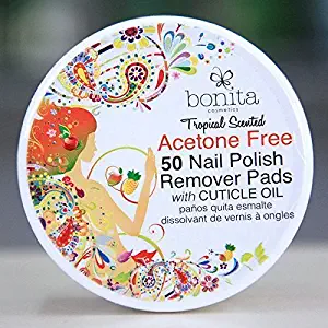 Acetone Free 50 Nail Polish Remover Pads with Cuticle Oil, Tropical Scented, Bonita Cosmetics