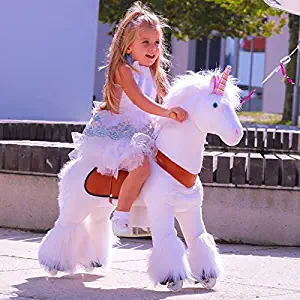 PonyCycle Official Classic U Series Ride on White Horse Unicorn Toy Plush Walking Animal Medium Size for Age 4-8 U404