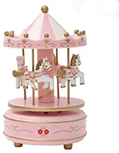 OKOK Vintage Pink Wooden Merry-Go-Round Horse Christmas Birthday Gift Carousel Music Box, Clockwork Mechanism Laxury Carousel Music Box