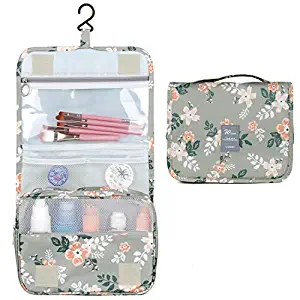 Hanging Travel Toiletry Bag Cosmetic Make up Organizer for Women and Girls Waterproof (Grey Flower)