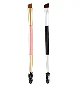 LASSUM 2 Pieces Duo Eyebrow Brush,Angled Eye Brow Brush and Spoolie Brush for Application of Brow Powders Waxes Gels and Blends (Pink & Black)
