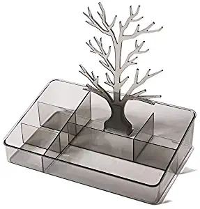 Cq acrylic Makeup Desktop Organizer With Jewelry Holder Tree and 6 Compartment Lipstick Organizers and Makeup Brush Holder,Gray Pack of 1