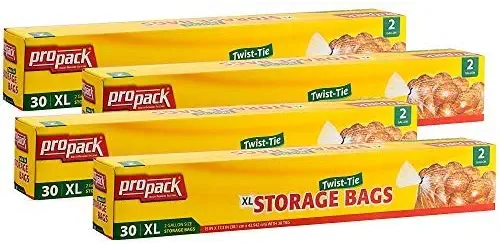 ProPack Disposable Plastic Storage Bags With Original Twist Tie, XL 2 Gallon Size, 120 Bags, Great For Home, Office, Vacation, Traveling, Sandwich, Fruits, Nuts, Cake, Cookies, Or Any Snacks (4 Packs)