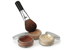 4pc KIT w/FACE BRUSH (WARM Neutral Shade-Most Popular) Mineral Makeup Matte Foundation Set Bare Skin Sheer Blush Illuminating Finishing Powder Cover