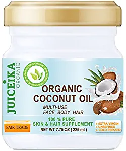 100% PURE ORGANIC COCONUT OIL. EXTRA VIRGIN/UNREFINED COLD PRESSED. 100% Pure Moisture. Skin & Hair Supplement. FAIR TRADE. 7.75 OZ (225 ml)