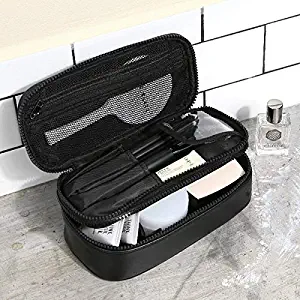 Rownyeon Travel Makeup Bag Small Cosmetic Case for Women Girls Portable 2 Layer Pouch Bag Makeup Brushes Organizer Christmas Gift (Black)