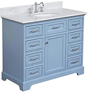 Aria 42-inch Bathroom Vanity (Carrara/Powder Blue): Includes Powder Blue Cabinet with Authentic Italian Carrara Marble Countertop and White Ceramic Sink