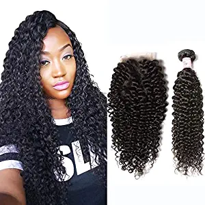 Beauty Forever Best Curly Malaysian Hair 3 Bundles With Lace Closure Malaysian Jerry Curly Hair Free Part Lace Closure Unprocessed Human Virgin Hair Weave Natural Color (14 16 18 with 12, Free Part)