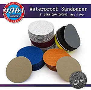 2 Inch 50mm Waterproof Sandpaper Sanding Discs Hook & Loop Silicon Carbide Wet/Dry 60 to 10000 Grit (Pack of 100) (5pcs of each grit)
