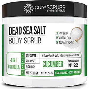 pureSCRUBS Premium Organic Body Scrub Set - Large 16oz CUCUMBER BODY SCRUB - Dead Sea Salt Infused Organic Essential Oils & Nutrients + FREE Wooden Spoon, Loofah & Mini Organic Exfoliating Bar Soap