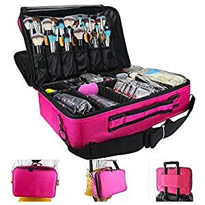 MONSTINA Large Capacity Makeup Case 3 Layers Cosmetic Organizer Brush Bag Makeup Train Case Makeup Artist Box for Hair Curler Hair Straightener Brush Set and Cosmetics 16.5x12x5.5 (L-Rose Red)