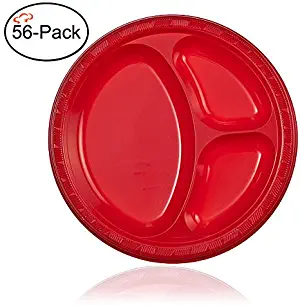 Tiger Chef Round 10 inch Plastic 3 Compartment Divided Plates, 56-Pack, Red, Disposable Christmas Party Supplies Set, BPA-Free