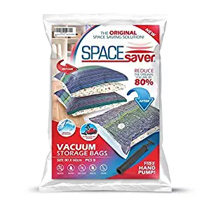 Spacesaver Premium Large Vacuum Storage Bags (Works with Any Vacuum Cleaner + Free Hand-Pump for Travel!) Double-Zip Seal and Triple Seal Turbo-Valve for 80% More Compression! (5 Pack)