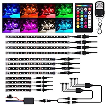 12Pcs Motorcycle LED Light Kit Strips, Atmosphere LED Lighting Strip, RGB Multicolor Accent Glow Neon Lights Lamp with Dual IR/RF Remote Controller for Harley Davidson Honda Kawasaki Suzuki