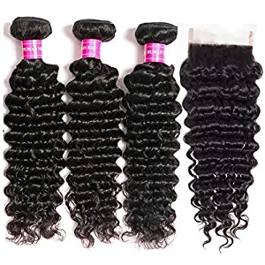 QinMei Brazilian Deep Wave Bundles with Closure 100% Unprocessed Grade 10A Virgin Brazilian Deep Curly Weave Human Hair 3 Bundles with Lace Closure 4x4 Free Part Natural Black (12 14 16+10)