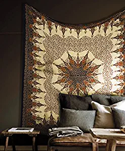 Popular Handicrafts Hippie Mandala Intricate Floral Design Indian Bedspread Tapestry 84x90 Inches,(215cmsx230cms) Brown Black