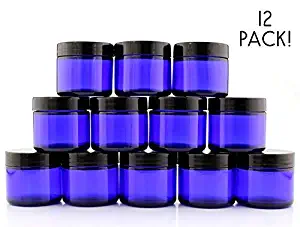 2-Ounce Cobalt Blue Glass Cosmetic Jars (12-Pack); Straight Sided Jars w/Black Plastic Lined Lids for Balms, Cosmetics, Creams & More