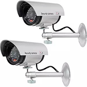 WALI Bullet Dummy Fake Surveillance Security CCTV Dome Camera Indoor Outdoor with one LED Light + Warning Security Alert Sticker Decals (TC-S2), 2 Packs, Silver