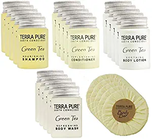 Hotel Size Toiletries Set | 1-Shoppe All-In-Kit Amenities For Hotels, Airbnb & Rentals | 1 oz Hotel Shampoo & Conditioner, Body Wash, Body Lotion & 1.25 oz Bar Soap | 300 Piece Terra Pure Travel Set